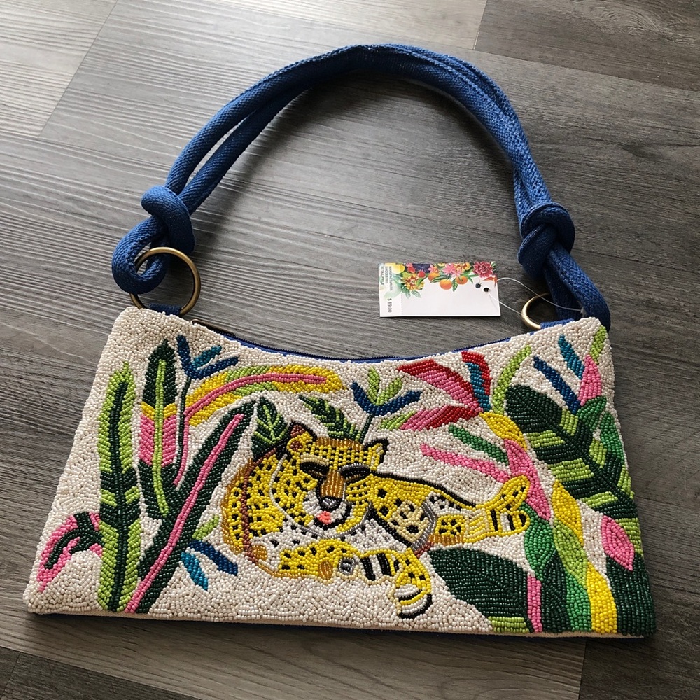 America & Beyond Hand Beaded Tropical  Leopard Shoulder Bag Knotted Strap NWT